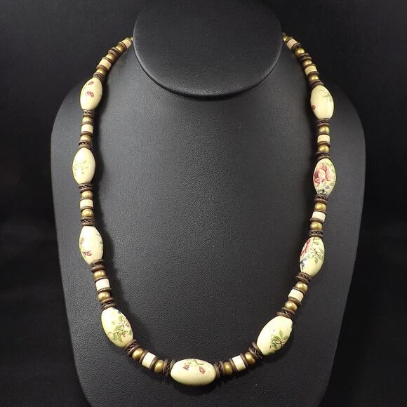 Vintage Porcelain Artisan Necklace, Floral Beads Leather, 1970s Vintage Jewelry - Picture 9 of 10